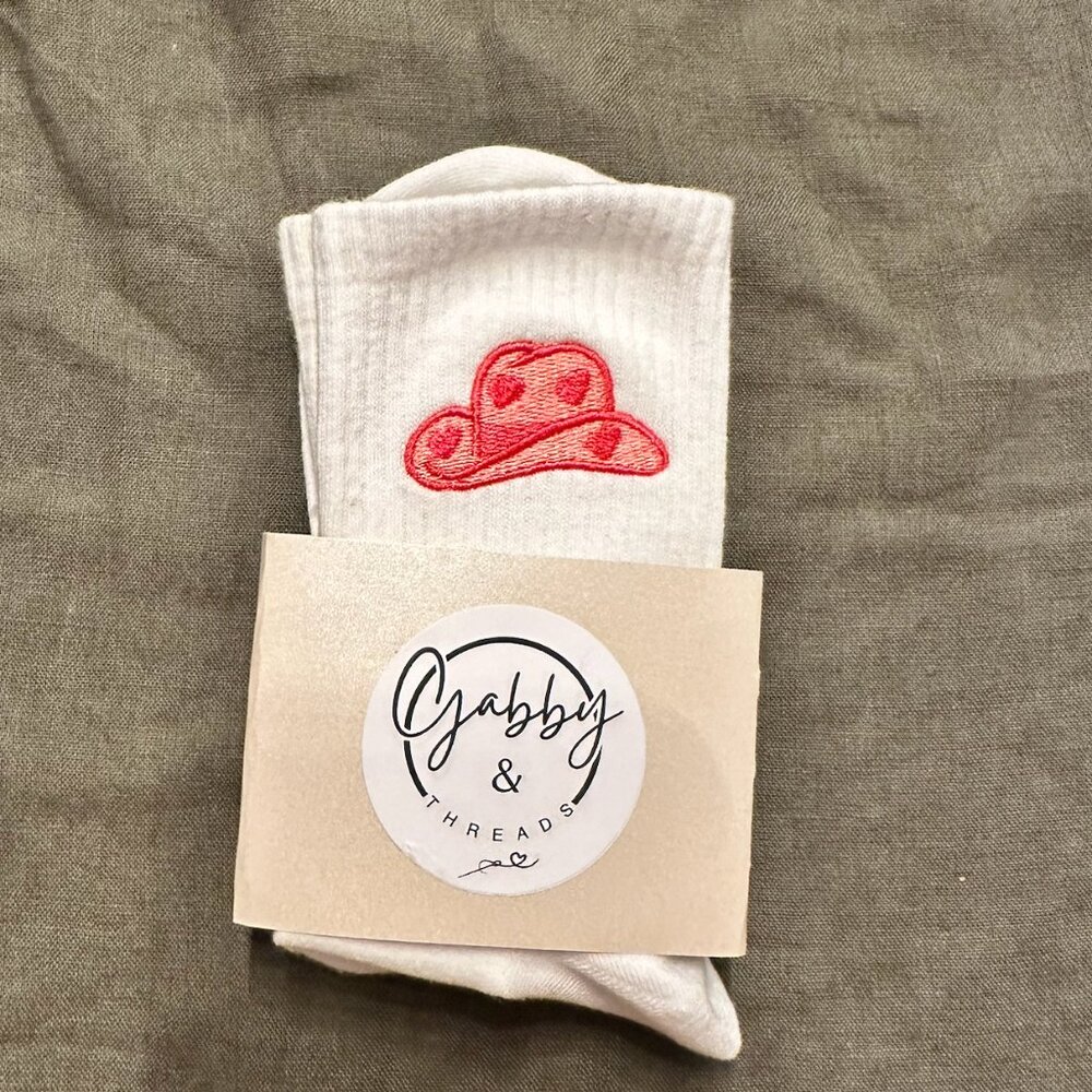 Embroidered Pink Cowgirl Hat Socks for pilates/yoga/barre - Non-Slip, Comfortabl